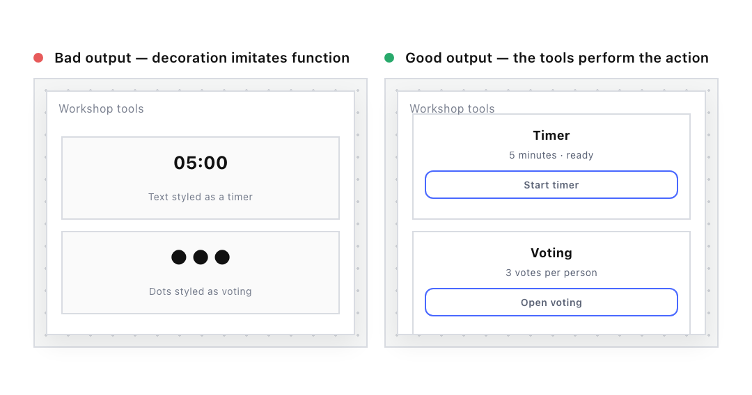 Check 04: two flat panels imitating a timer and a vote, beside two real tools with blue action buttons.