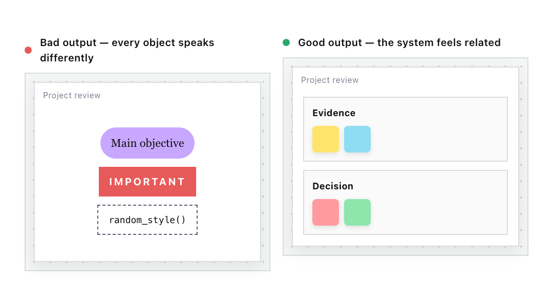 Check 07: three objects in three unrelated styles, beside two matching panels built from the same components.